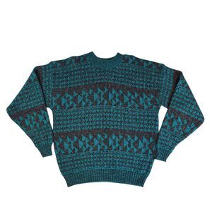 Vtg New Era Knit Sweater Men's L Blue Black Geometric USA 80s 90s Dad Retro